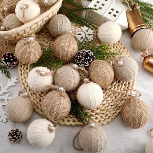 Syhood 24 Pcs Burlap Christmas Ornaments 2.36 Inch Farmhouse Rustic Holiday Balls