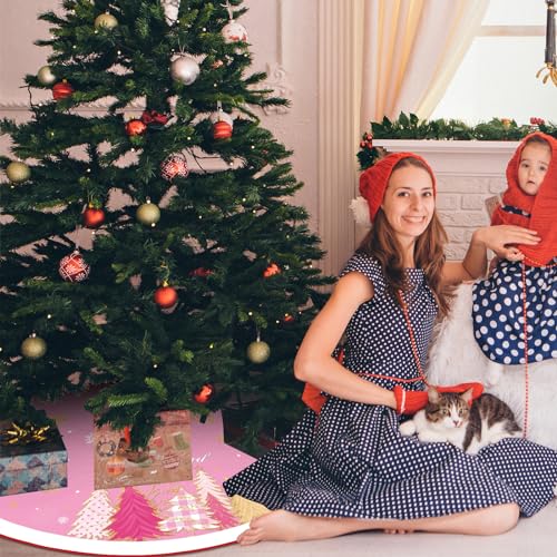 Pink Christmas Tree Skirt 48 Inch Double Layer Holiday Decor with Snowflake Pattern