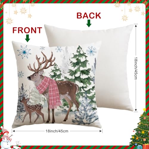 Artscope Christmas Throw Pillow Covers 18x18 Inch Set of 4, Pink Scottish Plaid Snowman Reindeer