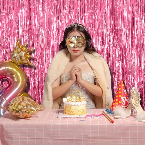 BOMSI 2 Pack Pink Foil Fringe Curtain Tinsel Backdrop for Party Decorations