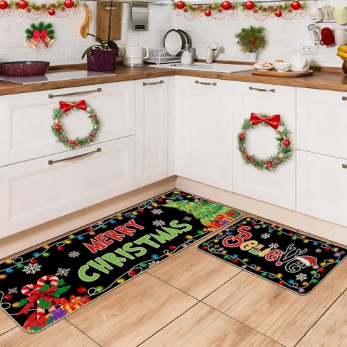 Mocsicka Christmas Kitchen Rugs Set of 2, 17x30 and 44x120 cm Non-Slip Decorative Mats