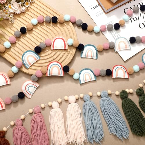4-Piece Boho Tassel and Pom Pom Garland Set - Sage Green Wall Hanging Decor