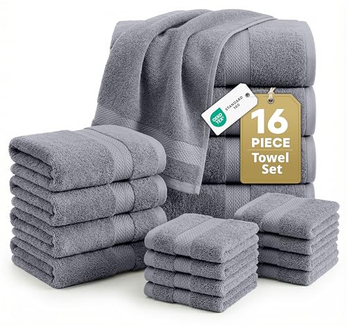 Lane Linen 16-Piece Cotton Towel Set Soft Absorbent Cool Grey Bath Towels