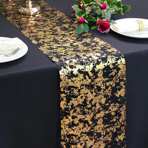 Snowkingdom Black and Gold Glitter Table Runner - 100FT Gold Foil Mesh Decor