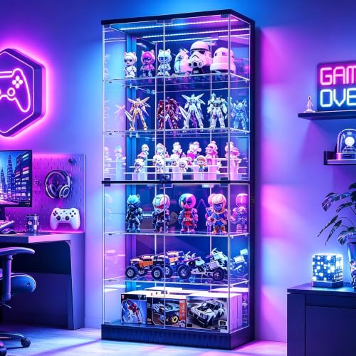 71-Inch 6-Tier Tall Glass Display Cabinet with RGB LED Lights & Mirrored Back