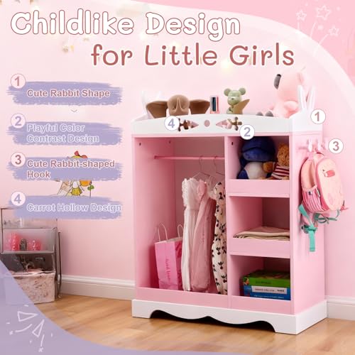 Kids Rabbit-Shaped Dress Up Wardrobe with Mirror, Hooks, and Storage Shelves