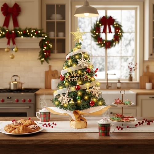 HOMDAILY 2ft Mini Christmas Tree with Lights - Green Tabletop Holiday Decor