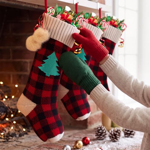 6-Pack Red Black Knit Christmas Stockings with Pom-Poms & Green Tree Patch - 17 Inch Holiday Decor