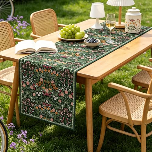 OYIMUA Blossoms Chenille Waterproof Table Runner 13x72 inches for Dining & Decor, Dark Green Floral Summer Rustic