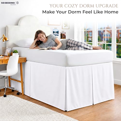 Twin XL Bed Skirt 42 Inch Drop Length Pleated Microfiber Dorm Room Bedding - White, Split Corner - Variation 01