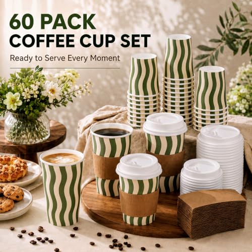 Newtay 16 oz Sage Green Striped Paper Cups with Lids & Sleeves – 60 Pack