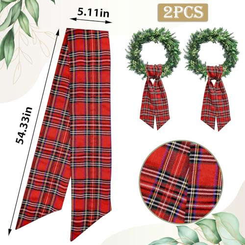 Ftuuo 2 pcs Christmas Wreath Sash Red Buffalo Plaid 5.1 x 54.3 in for Front Door, Burlap & Satin Ribbon Accessories