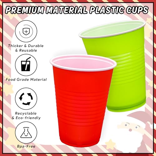 Green & Red 16oz Christmas Plastic Cups, 100-Pack, Stackable Disposable Party Cups