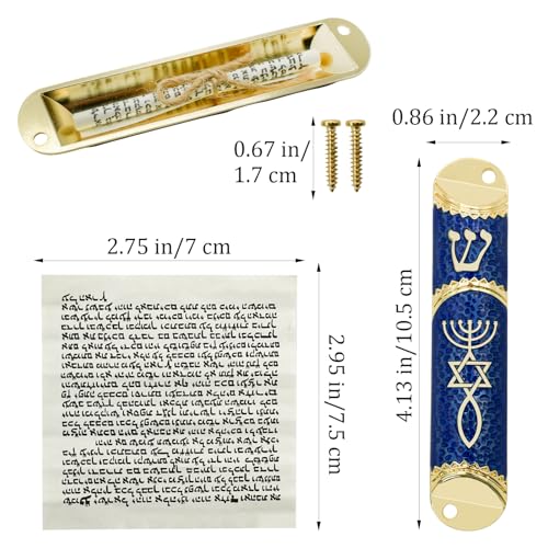 Blue Metal Mezuzah Case with Scroll, Messianic Seal Door Blessing