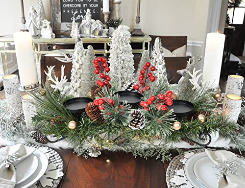 Christmas Candle Holder Centerpiece with Pine Cones & Red Berries (20-Inch)