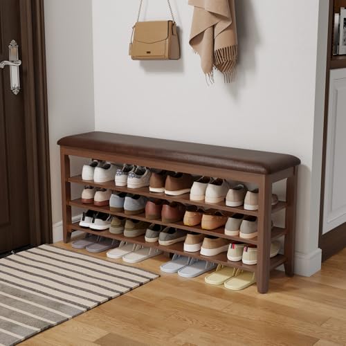3-Tier Rubberwood Shoe Storage Bench with PU Leather Cushion