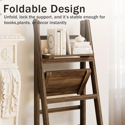 4-Tier Foldable Solid Wood Ladder Shelf, Portable Bookshelf & Plant Stand