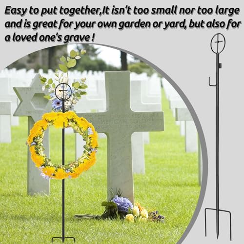 2 Pack Black Wreath Stakes 36-Inch Cemetery Wreath Stand with Cross - Adjustable Height