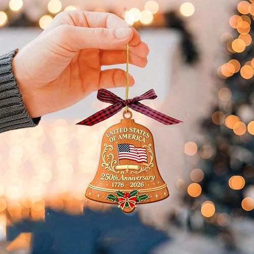 ERYRYIREI Brown Wooden American Flag Bell Ornament 3.9 Inch - 250th Anniversary USA Decor