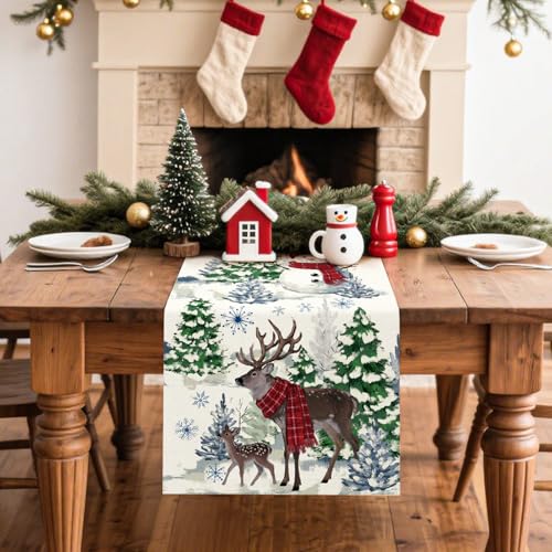 Artscope Beige 13x108 Christmas Table Runner with Reindeer Snowman Snowflakes