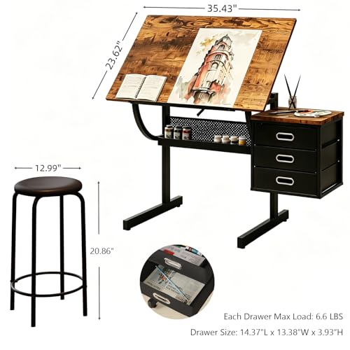 Adjustable Drafting Table with Stool and 3 Drawers - 35-inch Art Desk