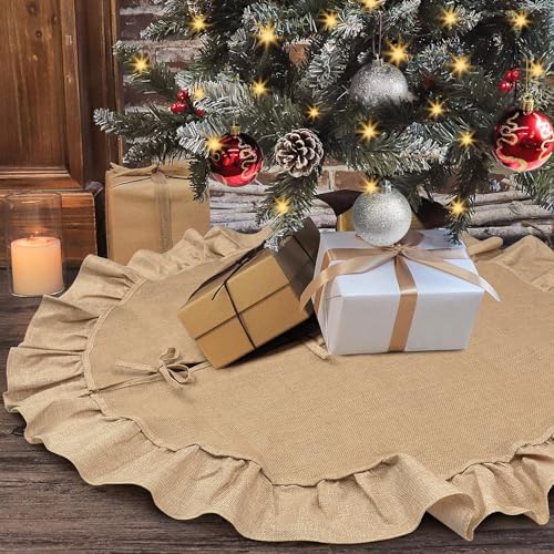 24-Inch Rustic Burlap Christmas Tree Skirt with Ruffle Edge for Tabletop Trees