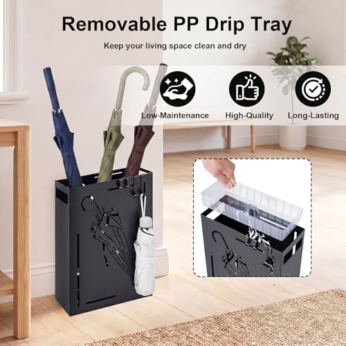 Metal Umbrella Stand with Drip Tray and 4 Hooks, Rectangular Entryway Holder