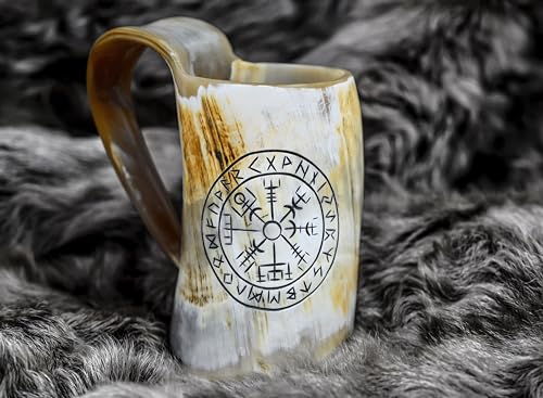 Norse Empire 5 Inch Viking Horn Mug - Handmade 12oz Medieval Norse Drinkware with Compass Finish, Perfect for Beer & Mead Gift