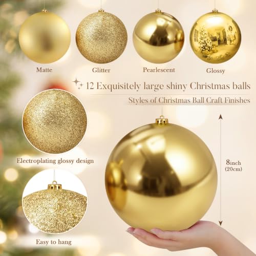 Jenaai Gold Christmas Ball Ornaments Set 8 Inch - 12 Large Shatterproof Holiday Decor