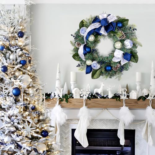 24 Inch Blue and White Christmas Wreath with Bows, Berries & Pinecones for Front Door Holiday Decor