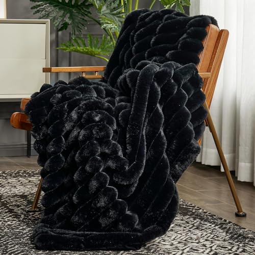 Cozy Bliss Faux Fur Throw Blanket for Couch - Soft Plush Striped, 50x60 Black