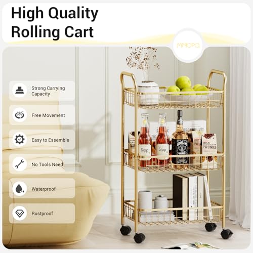 3-Tier Rolling Utility Cart with Lockable Wheels - Gold Metal Storage Trolley