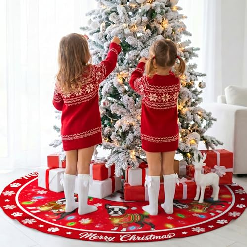 Boston Terrier Christmas Tree Skirt 48 Inch Holiday Decor for Indoor & Outdoor