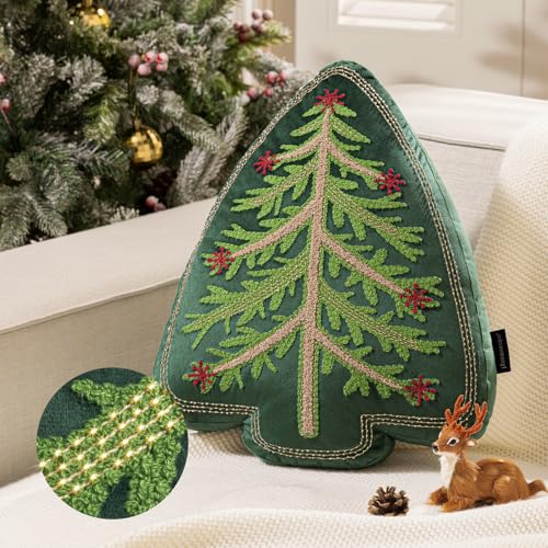 Phantoscope Green Christmas Tree Velvet Throw Pillow with Beaded Embroidery, 18x14 in