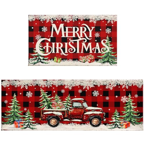 Merry Christmas Kitchen Rugs Set of 2 17x30 & 17x47 in Red Truck Snowflake Buffalo Plaid