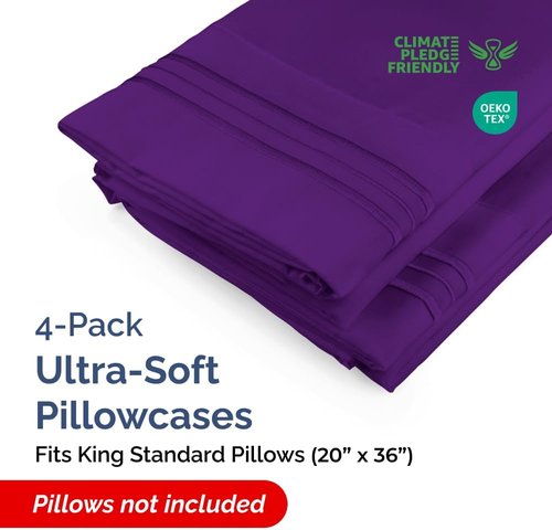 King Standard Pillow Cases by King - Soft Hotel Quality Pillowcase Covers | Comfy Bedding Set of 4 - Machine Washable - Purple