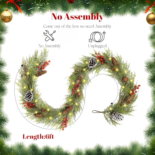 INTERHOMART 6FT Christmas Cedar Garland with Lights - Artificial Holiday Decor
