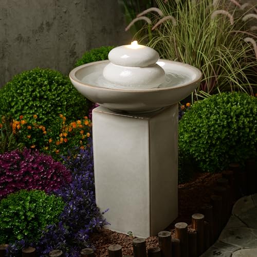 Ivory Ceramic Outdoor Water Fountain with Warm White LED Lights