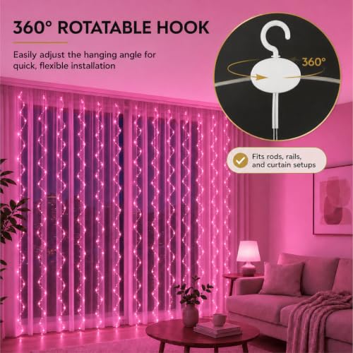 300 LED Pink Curtain Fairy Lights with Remote, 9.8x9.8 Ft USB String Lights
