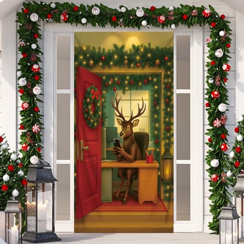 Preboun Christmas Door Cover Reindeer Holiday Banner 70x35 Inch Indoor Outdoor Decor