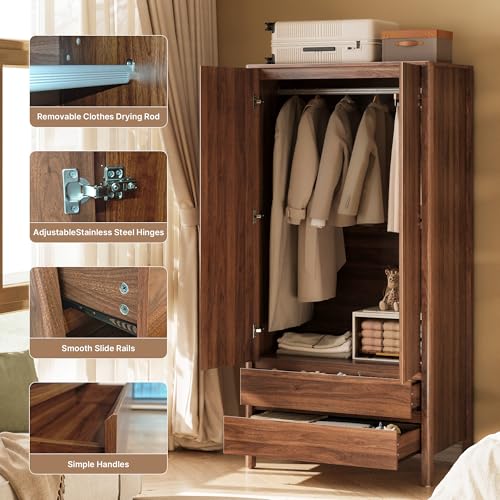 Modern Walnut Wardrobe with 2 Doors and 2 Drawers, 71-Inch Bedroom Armoire