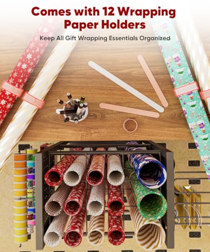 Rolling Wrapping Paper Storage Organizer Cart with Wheels and Bag Holder