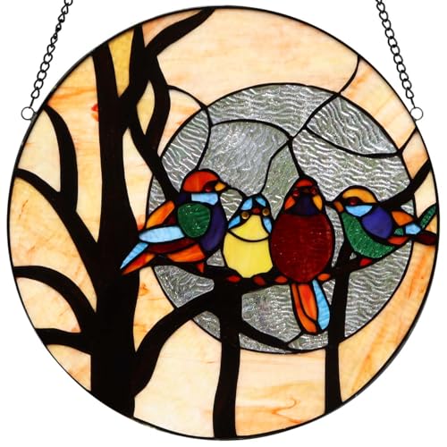 Handmade 16-Inch Round Stained Glass Window Panel - Birds on Tree Branch