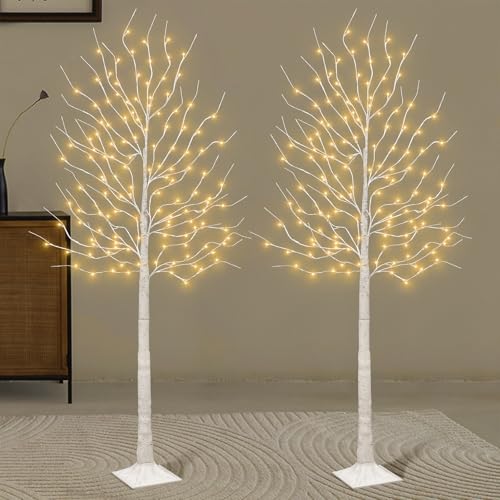 2-Pack 6-Foot Lighted Birch Trees with 160 Warm White LEDs - Indoor & Outdoor Holiday Decor