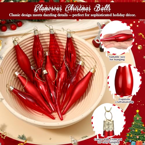 Seenelling 12 Pcs Red Glass Teardrop Christmas Ornaments - 3 Styles