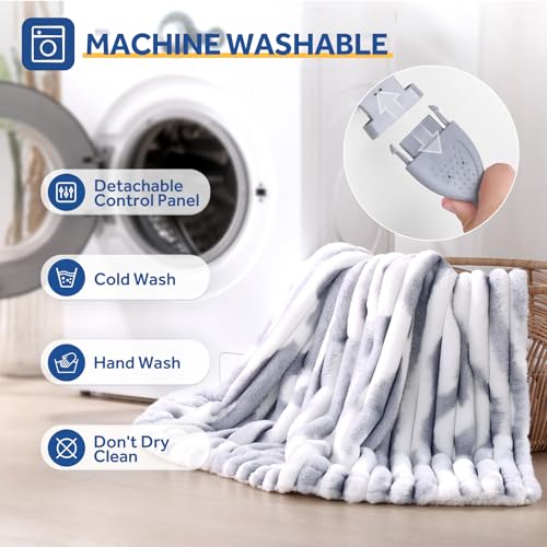 Electric Blanket Throw 50x60, Faux Fur to Sherpa, Blue White - 6 Heating Levels, Auto Off, Machine Washable