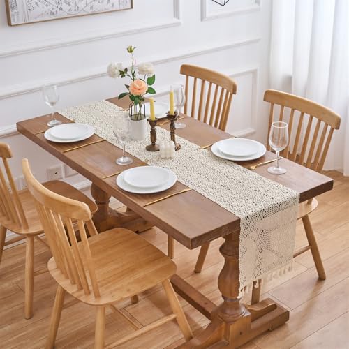 60 Inch Beige Boho Crochet Table Runner - 12"W x 60"L Beige Rhomb, Cotton Lace
