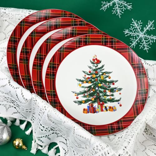 Homlouue Ceramic Christmas Tree Dinner Plates Set of 4, 10.5'' Christmas Tree & Santa Design, Red Plaid Edges