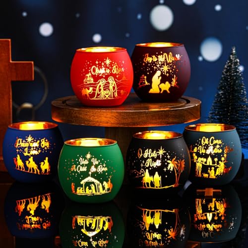 Jingmore 6 Pcs Colorful Christmas Nativity Votive Candle Holders with Jesus Design