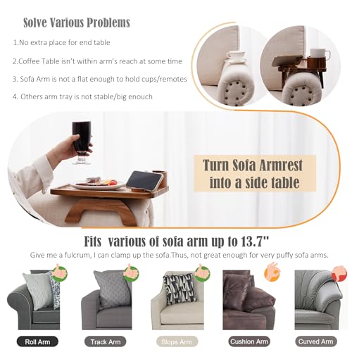 Acacia Wood Sofa Arm Tray with 360° Rotating Cup Holder and Phone Stand